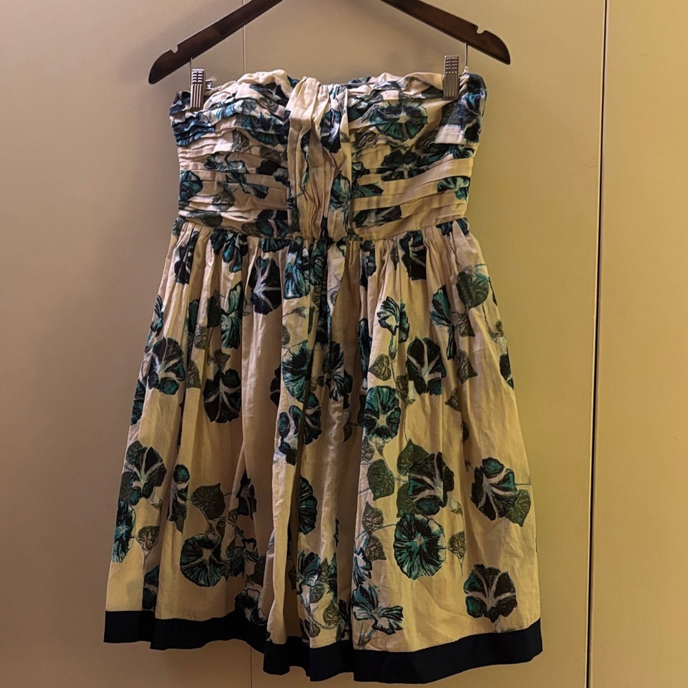 Alberta Ferretti Blue Beige Floral Romance Strapless Dress 6 Holiday Cottagecore